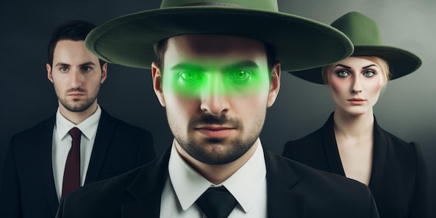 Trois hommes aux yeux verts et un chapeau noir avec le mot "vert" dessus