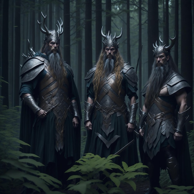 Trois hommes dans une forêt avec des cornes et des cornes avec le mot viking dessus.