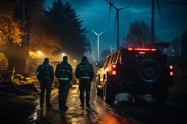 Trois hommes marchent sur la route la nuit avec des éoliennes en arrière-plan