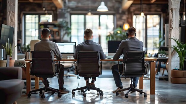 Trois hommes partageant une pièce assis à des bureaux dans un bureau travaillant sur des ordinateurs