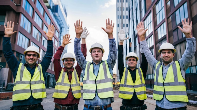 trois hommes portant des casquettes un portant un gilet jaune l'autre avec l'autre portant un Gilet jaune