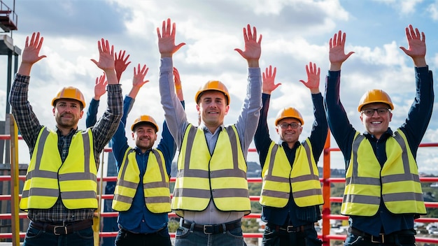 trois hommes portant des gilets jaunes avec les mains en l'air