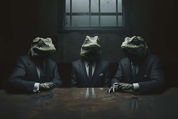 Trois hommes reptiles en costumes d'affaires assis à la table dans une pièce sombre concept secret du gouvernement mondial
