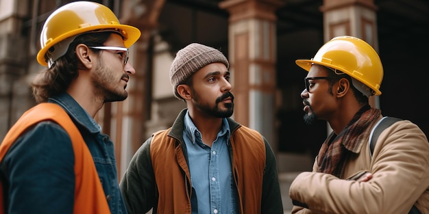 Trois hommes se parlent devant un immeuble