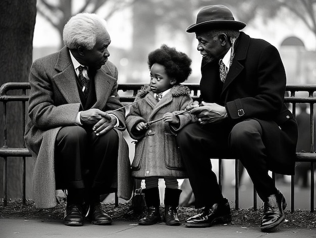 Photo trois hommes sont assis sur un banc et l'un d'eux a une veste qui dit vieux sur elle