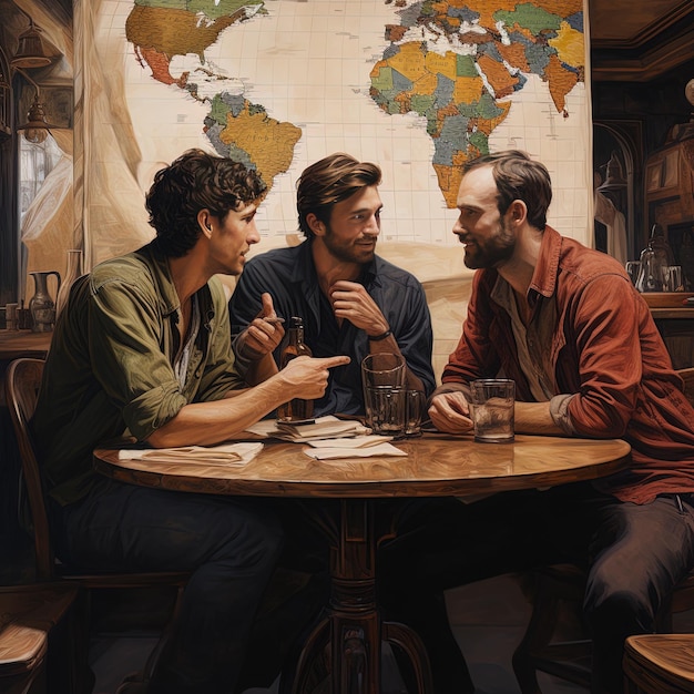 trois hommes sont assis à une table avec une carte du monde dessus