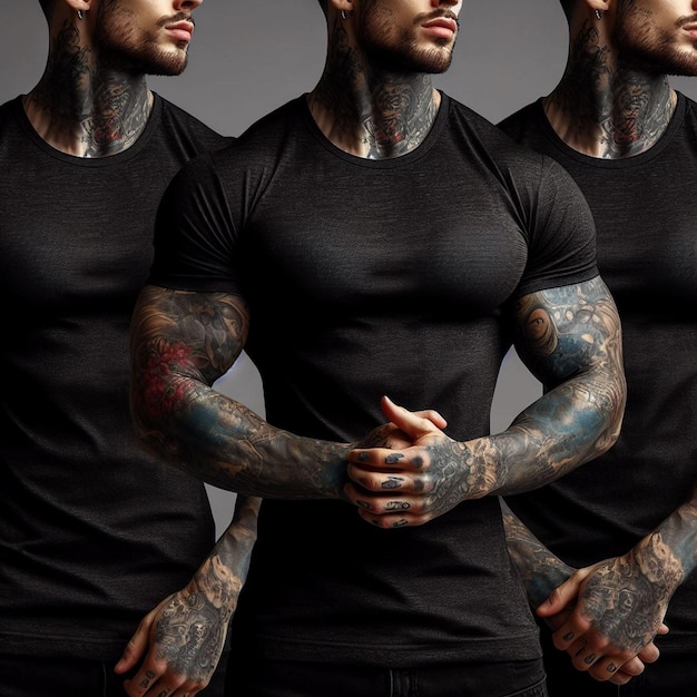 Photo trois hommes avec des tatouages sur les bras