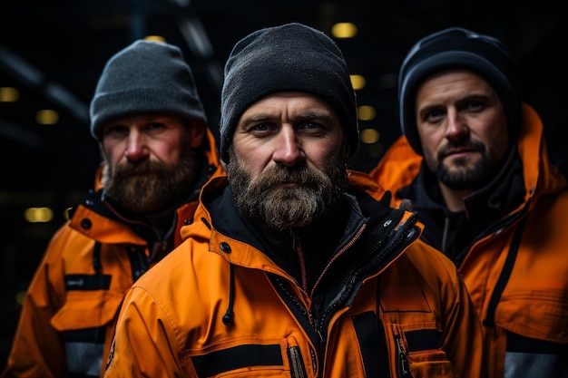 Trois hommes en veste orange regardent dans la caméra.