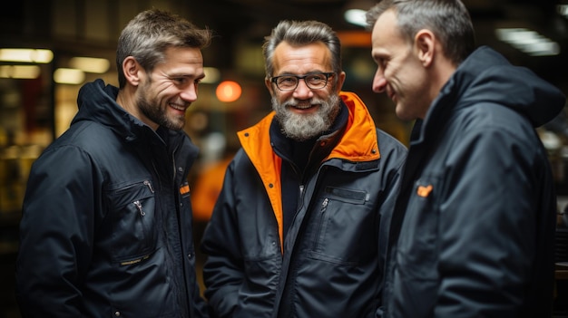 Trois hommes en vêtements de travail parlent et sourient alors qu'ils se tiennent dans un entrepôt