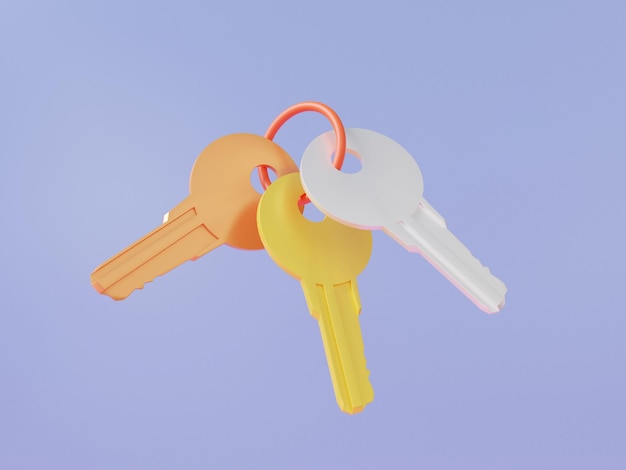 Trois icône de verrouillage de clé de protection flottant sur fond violet Protéger la sécurité de la maison du système bannière privée illustration rendu 3d