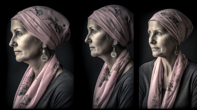 Trois images d'une femme avec un foulard rose et un foulard rose.