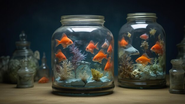 Photo trois jarres de verre avec des poissons rouges et l'un d'eux a des poisson rouges