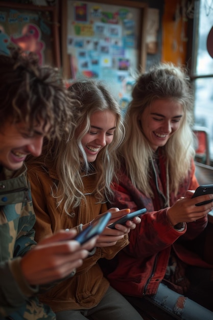 Photo trois jeunes amis assis sur un canapé et regardant leurs téléphones