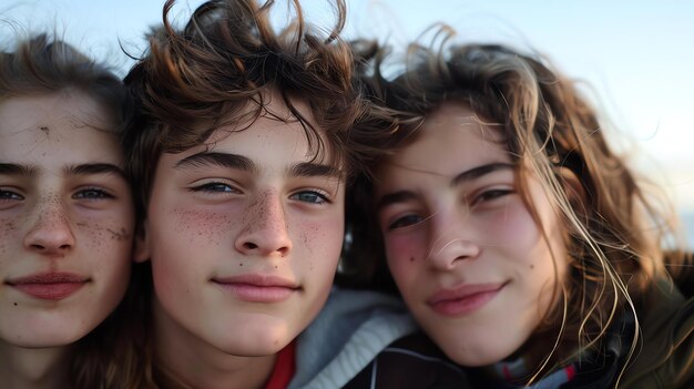 Trois jeunes amis aux taches de rousseur sur le visage se serrent les uns contre les autres et sourient à la caméra.