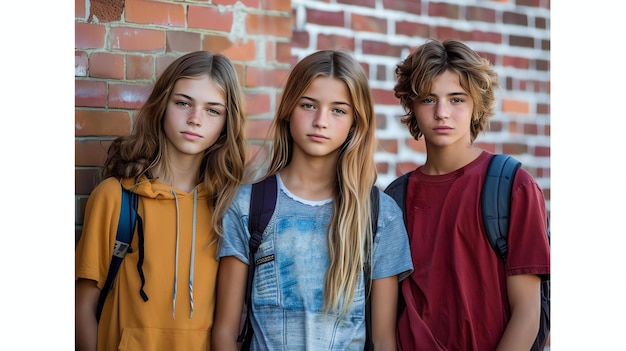 Photo trois jeunes amis debout devant un mur de briques ils portent tous des vêtements décontractés et ont des sacs à dos