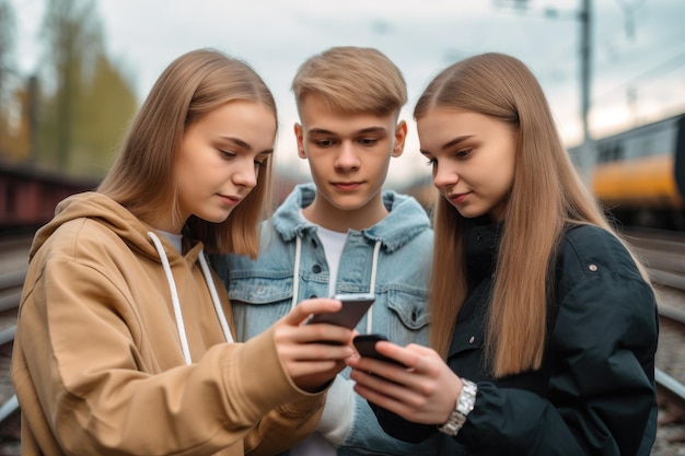 Trois jeunes amis regardent quelque chose sur un téléphone ensemble créé avec l'IA générative