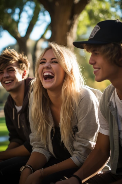 Trois jeunes amis rient ensemble dans un parc.