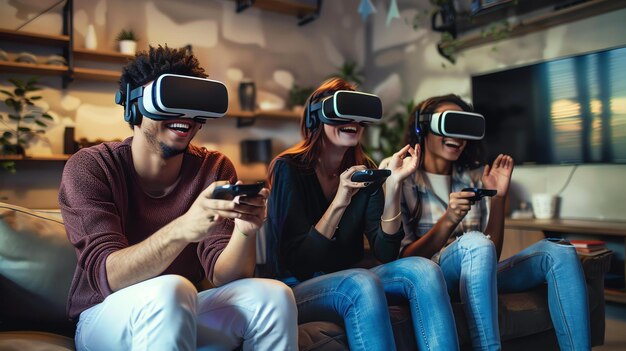 Trois jeunes amis sont assis sur un canapé et jouent à des jeux vidéo. Ils portent tous des casques de réalité virtuelle et tiennent des contrôleurs.