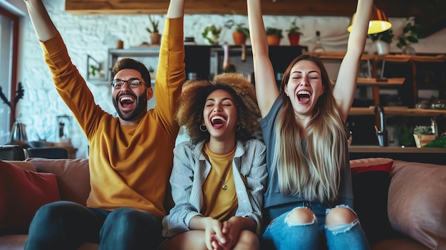 Trois jeunes amis sont assis sur un canapé et regardent la télévision Ils sont tous excités et ont leurs bras en l'air