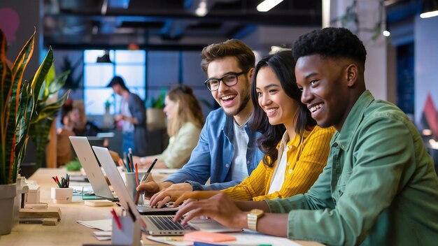 Trois jeunes collègues heureux en coworking