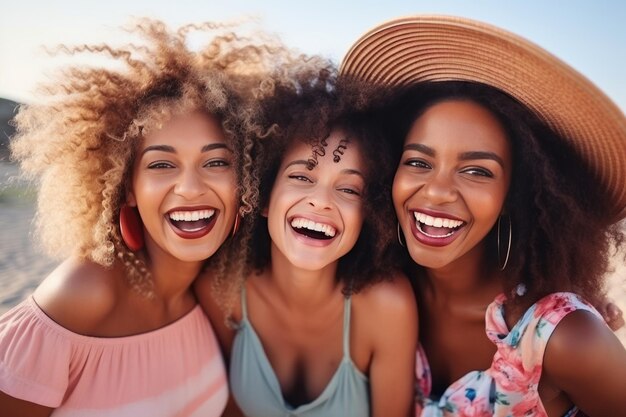 Photo trois jeunes femmes afro-américaines prenant un selfie pendant les vacances d'été.