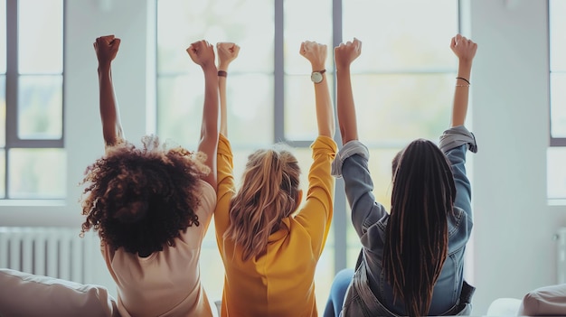 Trois jeunes femmes assises sur un canapé avec les bras en l'air, elles portent toutes des vêtements décontractés et ont le dos à la caméra.