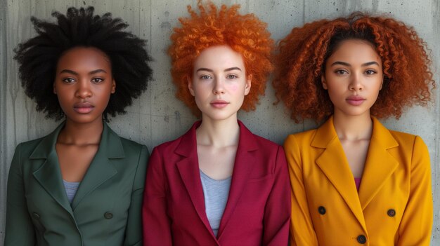 Trois jeunes femmes en blazers colorés sur un fond gris