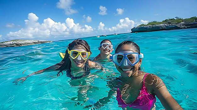 Photo trois jeunes femmes faisant de la plongée en apnée dans une mer tropicale. elles portent toutes des combinaisons de plongée et des masques et elles sourient et s'amusent.