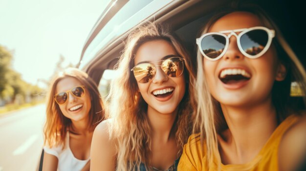 Trois jeunes femmes heureuses dans une voiture lors d'un voyage sur la route milieu de photographie de fond blanc pur