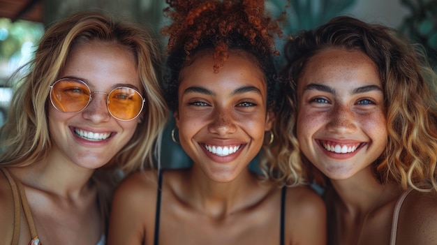 Trois jeunes femmes joyeuses rient ensemble dans un cadre décontracté