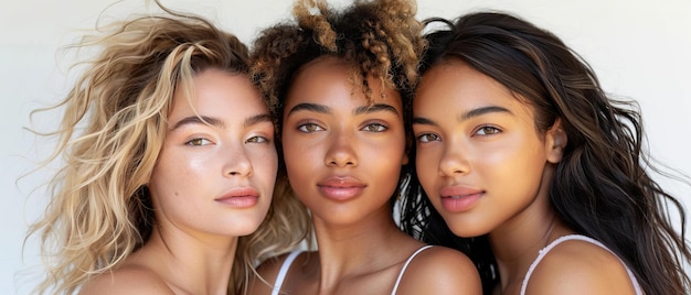 Photo trois jeunes femmes multiraciales sourient à la caméra alors qu'elles se tiennent contre un fond blanc