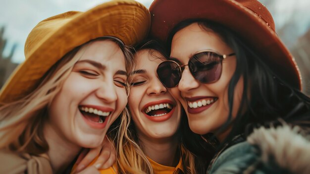 Photo trois jeunes femmes posent pour un selfie, elles sourient et rient.