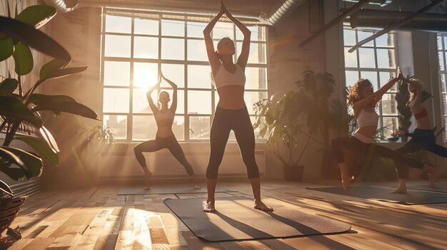 Trois jeunes femmes pratiquent le yoga dans un studio. Elles portent toutes des vêtements de sport et sont pieds nus.