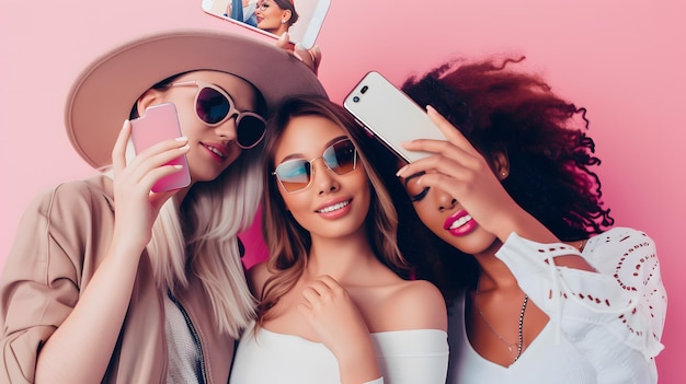 Trois jeunes femmes prennent un selfie, elles sourient toutes et portent des lunettes de soleil, deux des femmes portent des chapeaux.