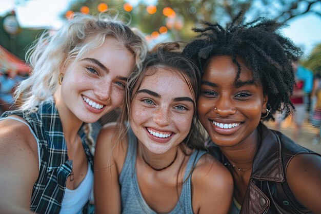 Photo trois jeunes femmes qui se font des selfies