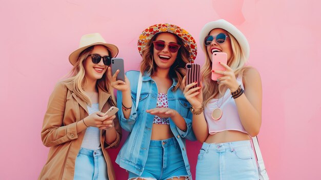 Trois jeunes femmes se tiennent devant un mur rose. Elles portent toutes des vêtements décontractés et ont les cheveux lâchés.