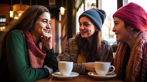 Trois jeunes femmes sirotent un café dans un café Generative AI