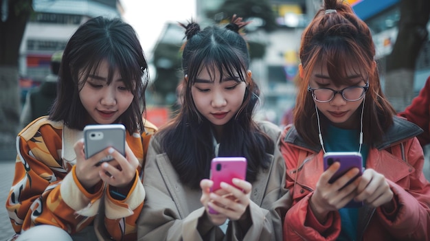 Trois jeunes femmes sont assises par terre, chacune regardant son téléphone portable.