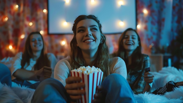 Trois jeunes femmes sont assises sur le sol dans un salon confortable en train de regarder un film et de manger du pop-corn.