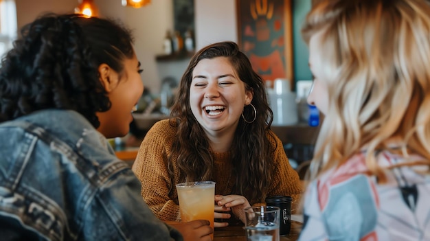 Photo trois jeunes femmes sont assises à une table dans un café en train de rire et de parler.