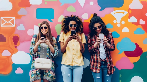 Photo trois jeunes femmes souriantes et utilisant des téléphones contre un mur coloré pour transmettre un sentiment de connexion et de communauté à travers la technologie mettant en évidence le