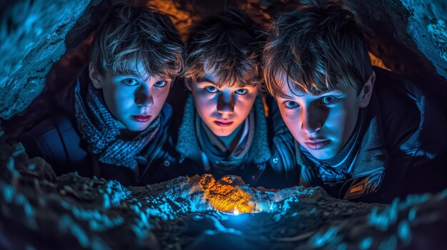 Photo trois jeunes garçons dans une grotte avec une lumière bleue