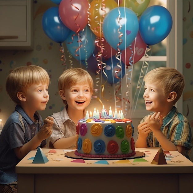 Photo trois jeunes garçons heureux autour d'un anniversaire