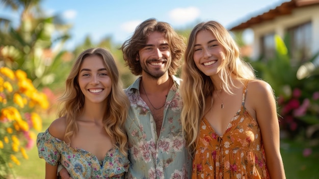 Trois jeunes gens debout dans un jardin souriant