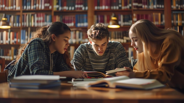 Trois jeunes gens qui étudient ensemble dans une bibliothèque ils sont tous assis à une table et regardent un livre