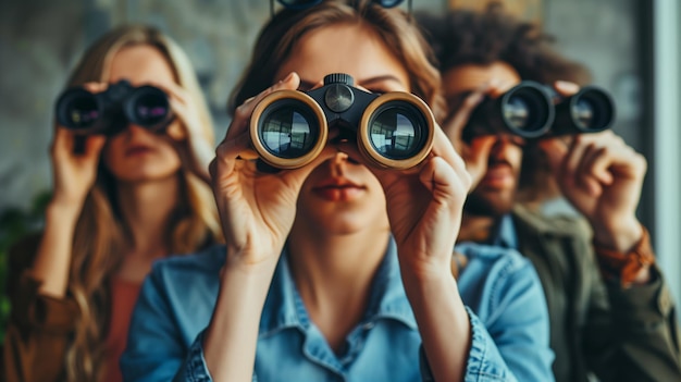 Photo trois jeunes gens regardant à travers des jumelles se concentrant attentivement sur quelque chose au loin