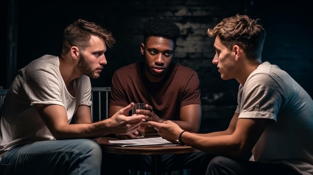 Trois jeunes hommes discutent du thème de la réussite des étudiants en groupe, de l'éducation images stock