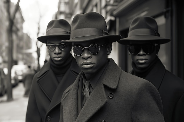 trois jeunes hommes noirs élégants et élégants en manteau et chapeau dans la rue de la ville dans le style rétro des années 1970 photo de film sépia vintage