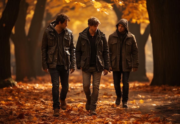 trois jeunes hommes se promènent dans le parc d'automne et se regardent l'un l'autre image réaliste ultra hd