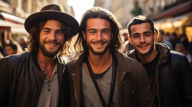 Photo trois jeunes hommes souriant ensemble dans une rue animée de la ville incarnant l'amitié et le bonheur